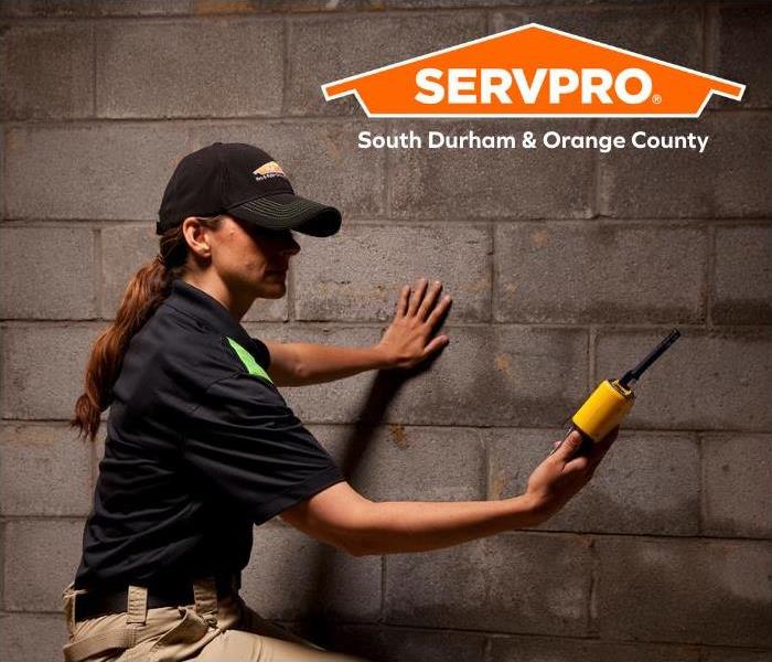 Female employee with her hand on cinder block wall holding a moisture meter in the other hand